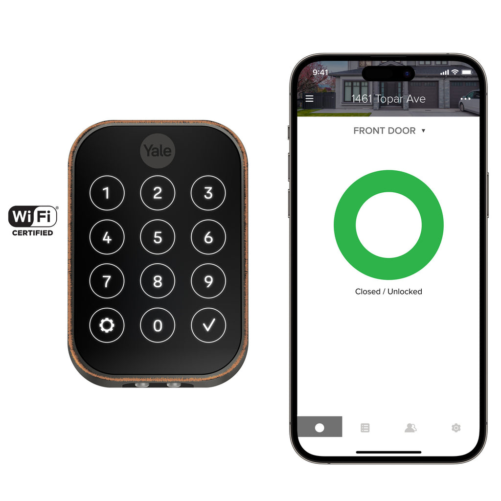 Yale Assure Lock 2 key-free touchscreen beside the Yale phone app